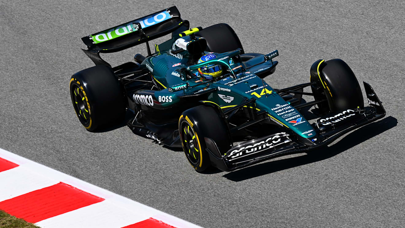 BARCELONA, SPAIN - MAY 31: Fernando Alonso of Spain driving the (14) Aston Martin F1 Team AMR25 Mercedes on track during final practice ahead of the F1 Grand Prix of Spain at Circuit de Barcelona-Catalunya on May 31, 2025 in Barcelona, Spain. (Photo by Mark Sutton - Formula 1/Formula 1 via Getty Images)